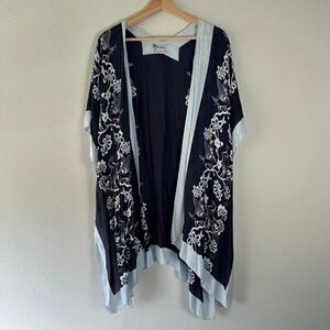 Navy Blue Floral Crane Bird Print Kimono Wrap 100% Viscose Handkerchief Festival